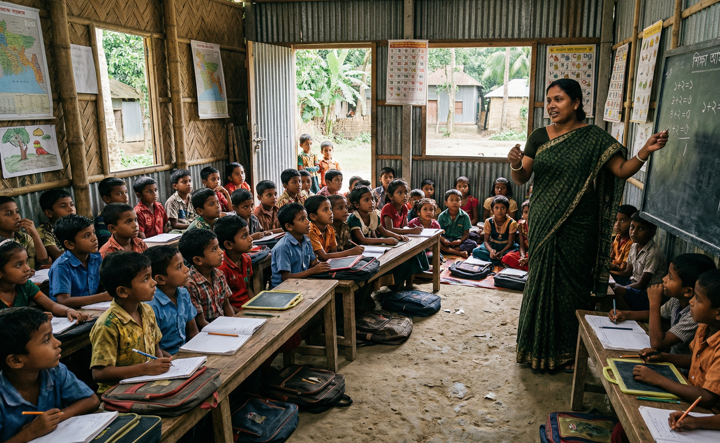 Teacher guiding students in a Bangladeshi classroom